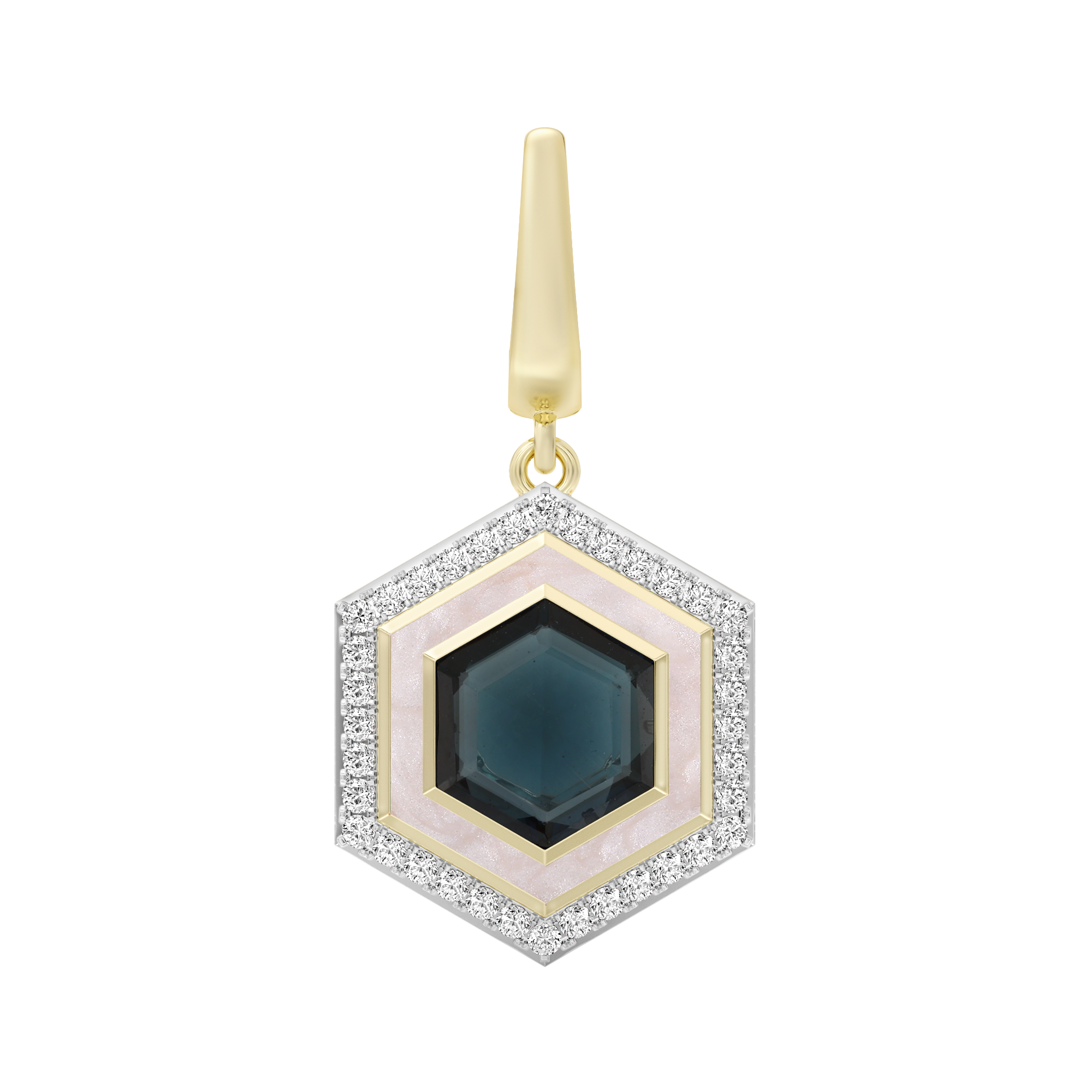 Hexagonal pendant with blue center and gold accents on a white background