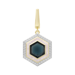 Hexagonal pendant with blue center and gold accents on a white background
