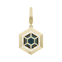 Gold hexagonal pendant with a black geometric design on a white background