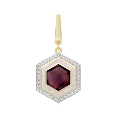 Hexagonal pendant with a red gemstone and gold accents on a white background