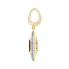 Gold earring with a maroon gemstone and diamond accents on a white background