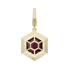 Gold hexagonal pendant with a purple gemstone on a white background