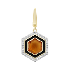 Hexagonal pendant with yellow gemstone, black border, and gold top on white background