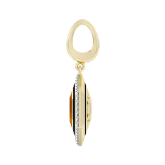 Gold earring with a diamond-studded pendant on a white background