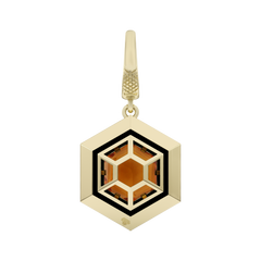 Gold hexagonal pendant with a brown center on a white background