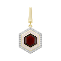 Hexagonal pendant with red center and gold accents on a white background