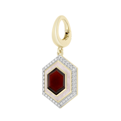 Gold pendant with a red gemstone and diamond accents on a white background