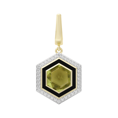 Hexagonal pendant with green gemstone, black border, and gold accents on a white background