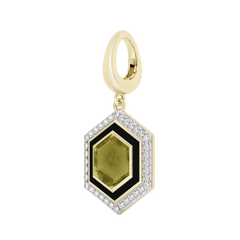Hexagonal pendant with green gemstone and diamond accents on a white background