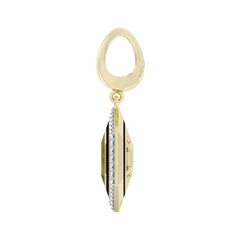 Gold earring with a diamond-studded pendant on a white background