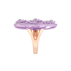 Purple ring with rose gold band on a white background